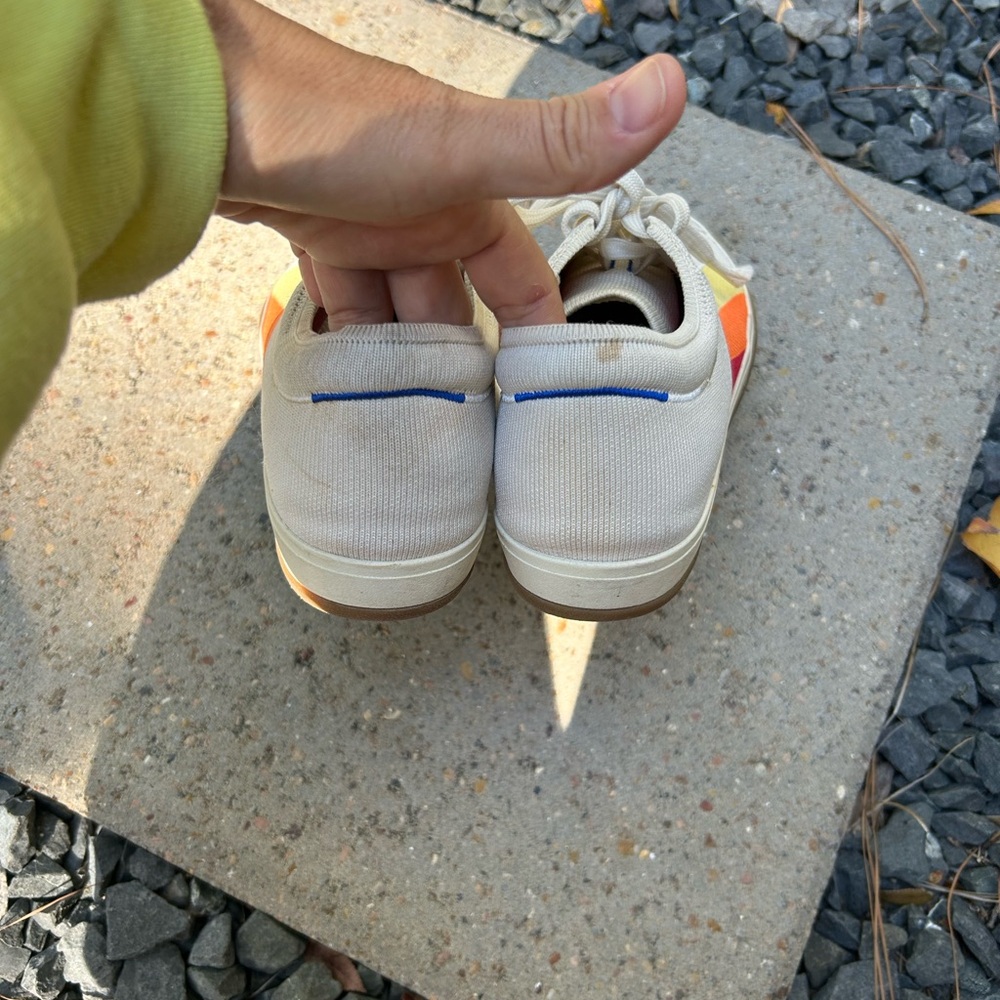 Rothy's Cream Knit Sneakers with Yellow and Orange Stripes - Picture 4 of 8